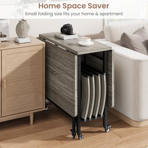 GarveeHome Folding Dining Table and Chairs Set, Drop Leaf Foldable Kitchen Table with 4 Chairs, Folding Dinner Table Set with Storage & Lockable Wheels, Space Saving, for Kitchen or Dining Room, Gray