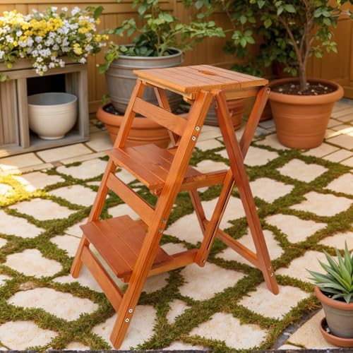 Bidesen 3-Step Folding Ladder Stool - 330 lb Capacity, Solid Pine Wood, Anti-Slip Steps, Space-Saving Foldable Design for Home Kitchen - Lightweight Step Stool for Adults