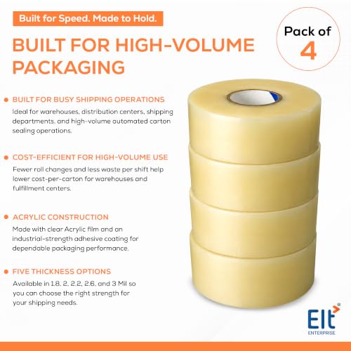 EIt Packing Tape, 3 Inch x 1000 Yard, 1.8 Mil, Clear 4 Rolls Machine Length