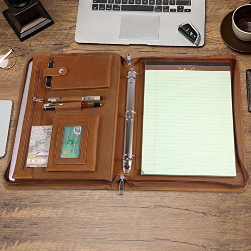 YIWEN Handmade Leather Portfolio 3 Ring Binder with Front Pocket