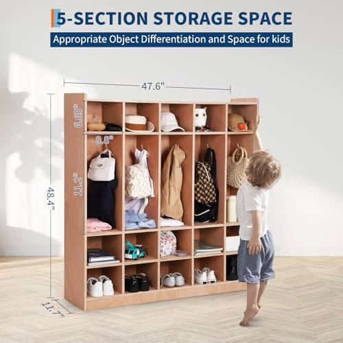 Naiveferry Wooden Plywood Coat Locker with 5 Large and 15 Small Cubbies, Kids Storage Cabinet for Classroom Daycare Preschool, Lockers with Coat Hooks for Mudroom Entryway Home, Natural