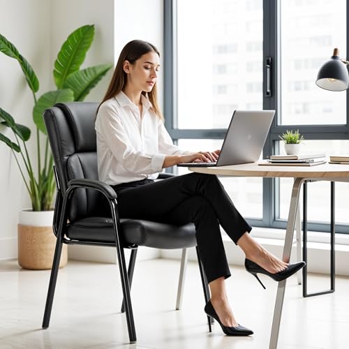 Simple Deluxe Office Guest Chair with Padded Armrests (No Wheels), Stationary Leather Reception Chair for Waiting Room, Conference Room, Lobby, Home, Desk Side & Dining, Black
