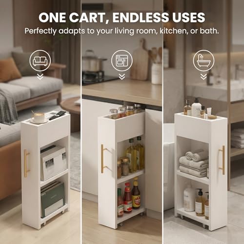 2 Tier Rolling Book Cart with Wheels, Mobile Shelving Unit, Narrow Side Table,Multi Functional Movable Storage Book Rack Bookcase,Small Utility Gap Filler Unit for Living Room, Bedroom, or Kitchen