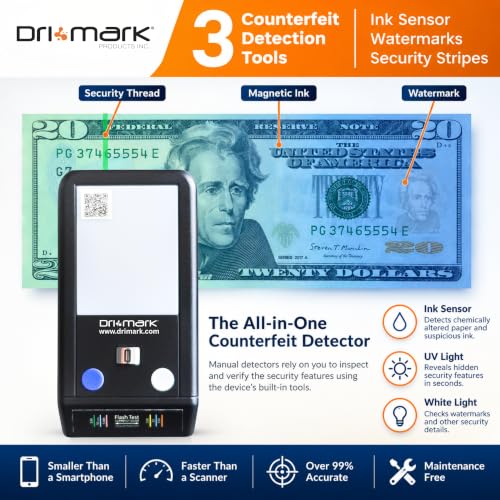 Dri Mark Flash Test 2 Pack Counterfeit Bill Detector, 3 Easy Tests in One Small Device, Watermark, Ink, Security Strip, Fast Money Checker, Fake Currency Detection Machine, Maintenance Free - 2 Pack