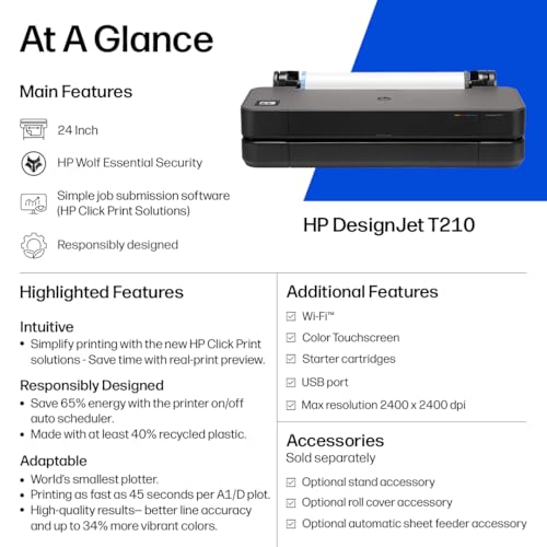 HP DesignJet T210 Large Format 24-Inch Plotter Printer for Easy CAD & Poster Prints (8AG32T), Includes 2-Year HP Care Pack with Onsite Support