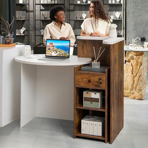 SILKYDRY Reception Desk, Small Retail Checkout Counter with Lockable Drawer and Open Shelves, Wooden Front Desk Reception Counter, Oval Desktop & L Counter for Store Office Lobby Salon (Brown)