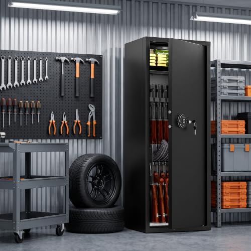 Brightpeak 10-14 Gun Safe, Large Gun Safe for Home Rifle and Pistol, Keypad Rifle Gun Cabinet, Locking Gun Safe with Shelves and Pockets, Black