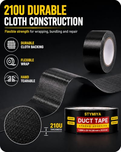 Stymiya 600Yds 20 Pack Black Duct Tape Heavy Duty: 210um Wide Waterproof Outdoor Furniture Repair Tape Bulk - Strong Adhesive Weather UV Resistant No-Residue Masking Tapes Patterns Variety Pack