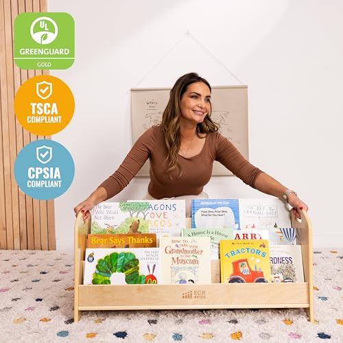 ECR4Kids 3-Shelf Toddler Wooden Book Display with Handles, Natural