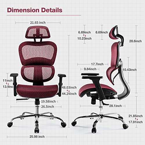 AFO Ergonomic Office Chair, High Back Mesh Office Chair with 3D Armrests and Headrest, Adjustable Rolling Chair with Lumbar Support and Tilt Function, Red, (WY-1388-RD)