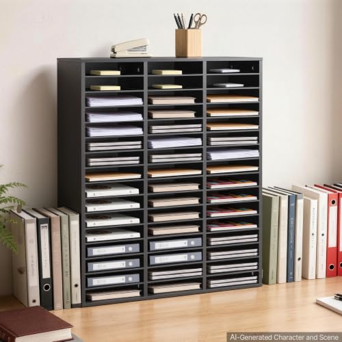 VEVOR Wood Literature Organizer 48 Compartments Office Mailboxes Black | Countertop Literature Sorter for Files Documents Papers, with Adjustable Shelves, for Office, Home, Classroom Organization