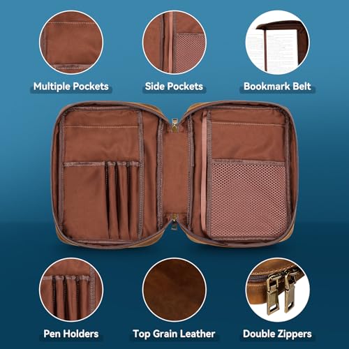 Carpetene Genuine Leather Bible Cover Cowhide Bible Case for Men Women Church Bag Protective Book Holder with Double Zippers Full Grain Leather Portfolio Organizer Bible Carrying Case with Handle