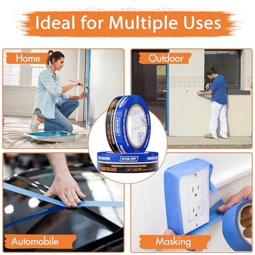 STIX-ON Painters Tape 1.5 inch Wide, 24 Roll Painting Tape, Blue Masking Tape for Painting Walls, DIY, Surface-Safe & Residue-Free, Edge Paint, 1.41 Inch X 60 Yards X 24 Rolls, Bulk
