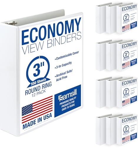 Samsill 3 Inch 3 Ring Binders, Economy Round Ring, Clear View Cover, 550 Sheet Capacity - for School, Home, Office - White, 12 Pack