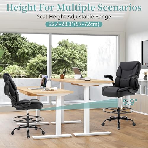 Ergonomic Drafting Chair, Tall Office Chair for Standing Desk, High Back Standing Desk Chair with Flip-Up Armrest, Adjustable Height&Foot Ring, Executive Extended Height Office Chairs,PU Leather Black