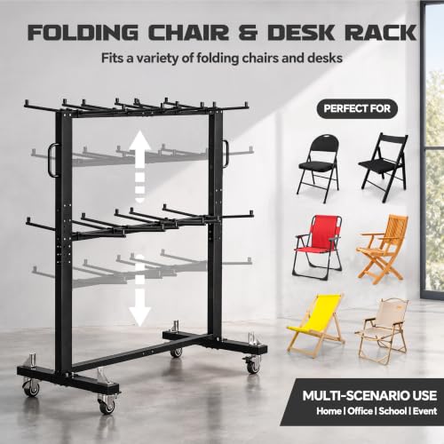 INNOVART Two-Tier Folding Chair and Table Combo Cart, Heavy Duty Stacking Chair Dolly with Wheels, 84-Chair Capacity Foldable Seat & Table Wheeled Storage Dolly for Commercial Event Hotel Party Use