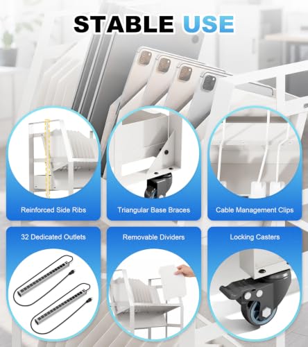 32-Device Laptop Charging Cart with 2 Power Strips and Wheels for Office