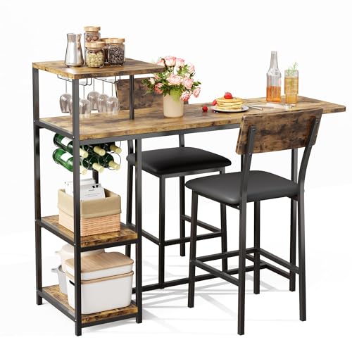 MOVECOM 3-Piece Bar Table & Chairs Set for 2 with Storage Shelves, Wine Rack, Cup Holder, PU Leather Stools, Small Dining Table for Kitchen, Breakfast Nook or Apartment, Classic Color
