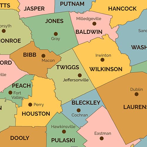Georgia Counties Map - Standard - 36" x 36.5" Laminated