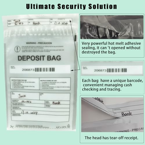 Plastic Deposit Bags 200-Pack 9''x12'', Clear Security Bank Deposits,Cash register,Money bag for Cash,Bank Pocket,Tamper-Evident,Unique Barcode