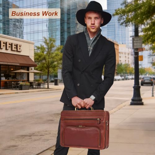 Banuce Full Grains Italian Leather Briefcase for Men with Luggage Strap