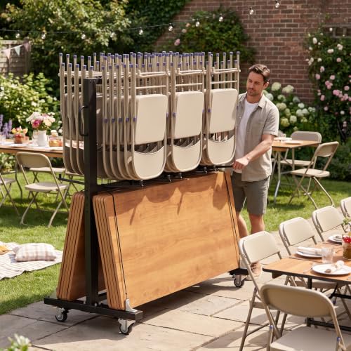 INNOVART Two-Tier Folding Chair and Table Combo Cart, Heavy Duty Stacking Chair Dolly with Wheels, 84-Chair Capacity Foldable Seat & Table Wheeled Storage Dolly for Commercial Event Hotel Party Use