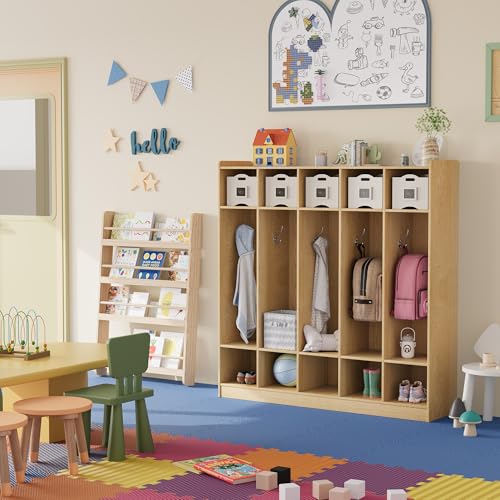 LALFPET 5-Section Wooden Kids Coat Locker with 10 Cubbies & 10 Hooks - Durable Study Area Cubby Storage Organizer for Home, Nursery, Kindergarten - Child-Friendly - Color: Wood Color