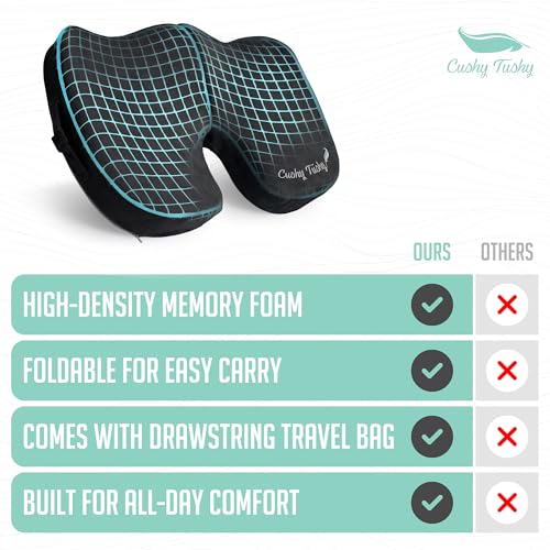 Cushy Tushy Premium Foldable Travel Seat Cushion - for Relief of Lower Back, Sciatic, Butt and Tailbone Pain - for Home & Office Use, Perfect for Travel or Driving - Coccyx Seat Cushion