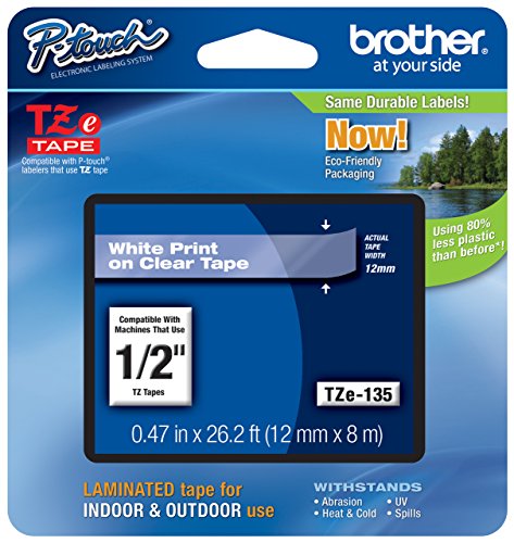 Brother Genuine TZe-135 1/2" White on Clear Standard Laminated Tape for P-Touch Labeler, 6 Pack