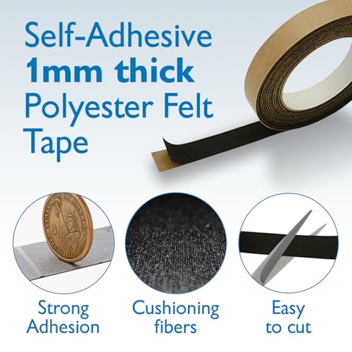 FindTape Polyester 1mm Felt Tape – 1-1/2 in. x 75 ft. Felt Strips with Adhesive Backing and Furniture Strips, Great for Arts and Crafts, Classrooms, and Protecting Furniture (Black)
