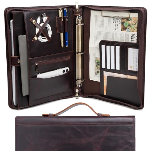 Geslun Leather Portfolio Zippered 3 Ring Binder with Hidden Handle and Clip
