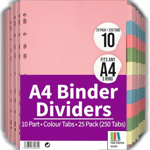 The Paper Shop Pink 10 Tab Dividers for 3 Ring Binder - A4 (25 Pack) | Write-On Binder Dividers with Tabs for Office School & Classroom | Coloured Index Tabs, Blank & Writeable | Bulk 250-Tab Pack