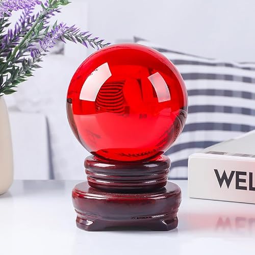 NSIXSURIM Multi Color Transparent Crystal Ball Ornaments Home Decorations Paperweight Feng Shui Base,Red,150mm