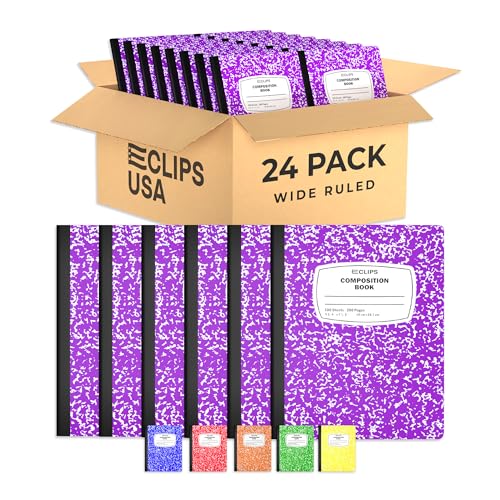 Composition Notebook Wide Ruled Composition Notebooks Bulk Purple Marble Hard Cover Wide Ruled Notebook Paper Note Books For Schools Marble Composition Books 100 Sheets 200 Pages 9.75” x 7.25” (24 Pack, Purple)
