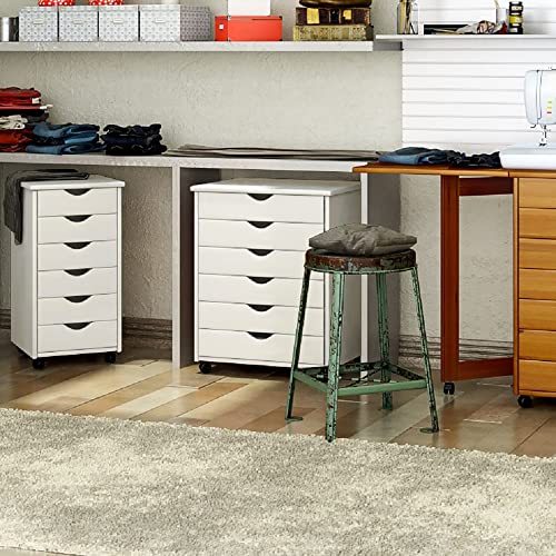 Jela-USA Solid Pine Wood 6 Drawer Wide Rolling Cart, White