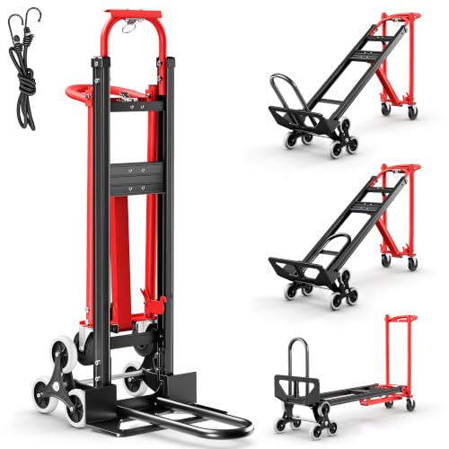 BSMTEK 4 in 1 Convertible Hand Truck Dolly Cart with Wheels, 1000 Lbs Max Capacity Heavy Duty Iron Stair Climbing Cart, Folding Dolly with Bungee Cord for Stairs, Home, Office, Red-Black