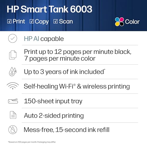 HP Smart Tank 6003 Wireless All-in-One Ink Tank Printer, Scanner, Copier with up to 3 Years of Ink Included, Best-for-Home, Cartridge-Free Refillable, AI-Capable (D35XXA)