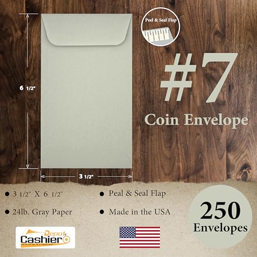 Cashier Depot #7 Coin & Money Envelopes, Open End, Peel & Seal, 3-1/2" x 6-1/2", 24 lb Paper, Made in USA, 50 Count (250, Gray (Peel &Seal))