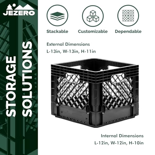 JEZERO 16 Quart 2-Pack Heavy Duty Plastic Crate | Stackable Multi-Purpose Storage Bin for Garage, Home, Office, Groceries, Outdoor, Camping & Kayaking | Black Utility Tote, 13" x 13" x 11"