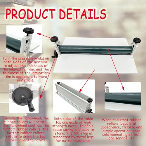 Banfluxion 30" Cold Laminator Machine All Metal Desktop Laminator with Hand Crank Pressure, Foldable Work Table & Adjustable Roller Portable Cold Roll Laminating for Posters/Photos/Artworks