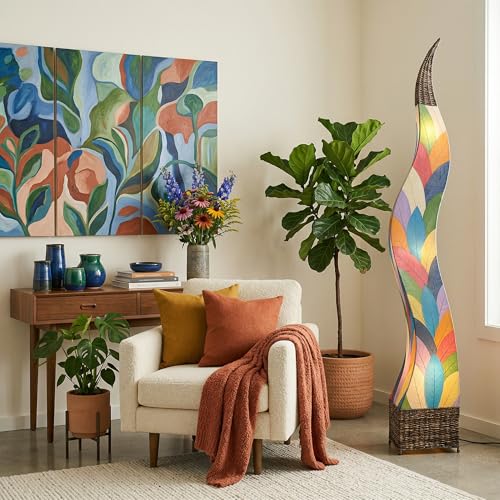 Eangee Home Design Flame Giant Floor Lamp Multi Shade Made of Real Cocoa Leaves 13 Inches Length x 13 Inches Width x 72 Inches Height (310 XL m)