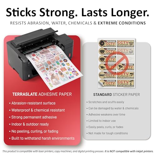 TerraSlate Waterproof Sticker Paper | 5 Mil Permanent Adhesive Labels | Printable Sticker Paper for Laser Printer, Copy Machine & Digital Press (Letter - 8.5" x 11", 250 Sheets)