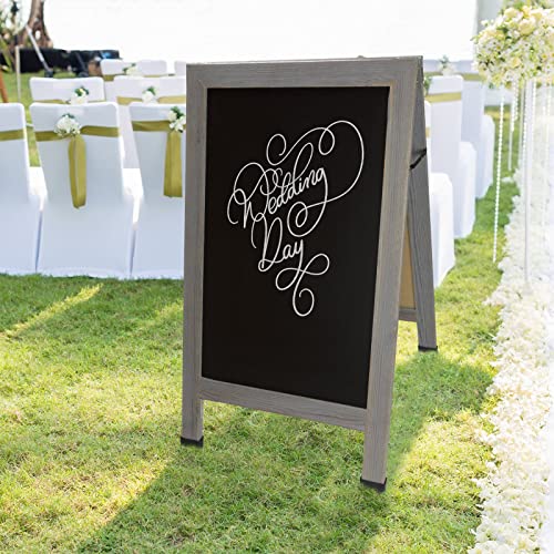 Excello Global Products Large Double-Sided 40x23 Heavy-Duty A-Frame Sidewalk Chalkboard Standing Sign, Includes 10 Chalk Markers, 40 Piece Stencil Set, Chalk and Eraser (Whitewash Grey)