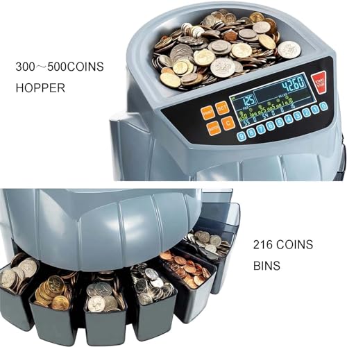Coin Counter Machine, Electric Coin Sorting Maker with LED Display Screen, Coins Up To 216 Coins Per Minute and 300～500 Units Hopper Capacity, Simplified Control Panel, for Shop, Bank, Restaurant