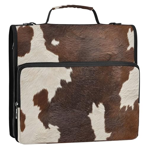 FJDENG Cow Print Waterproof 13" Binder Bag Organizer with Expandable Storage,3-Ring Zipper Binder with Shoulder Strap for School & Office