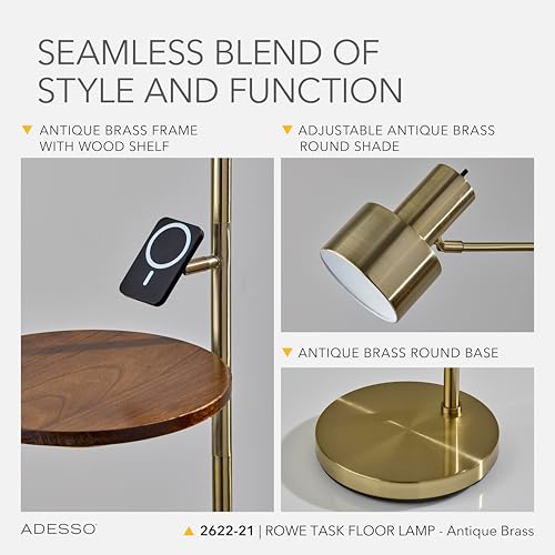 Adesso Floor Lamp with Table, Antique Brass & Wood, Wireless Charging, 56”