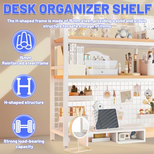 Desktop Bookshelf for Computer Desk, 1~2-Tier Multipurpose Wood Hutch Bookcase Organizer, Countertop Storage Hutch with Grid Panel, Desk Shelves for Office Home Dorm,Black 1tier 21in
