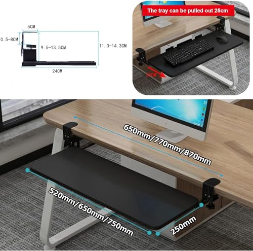 BWPURWDFH Clamp-On Keyboard Tray, Ergonomic Desk Extender Tray, Sturdy, Easy to Set Up, Under Desk Comfort Pull-Out Keyboard Drawer Platform, Improve Work Efficiency (Walnut 52x25cm (21x10in