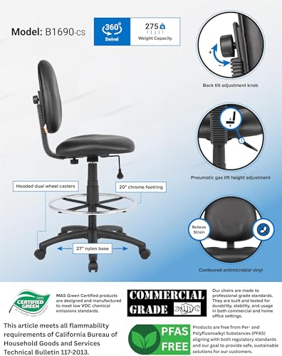 Scranton & Co Adjustable Drafting Stool, 26.5"-31.5" Seat Height, Fabric, Black Finish, Contoured Back, Extra Large Cushion, Pneumatic Height Adjustment, Ergonomic Office Chair for Workspace Use