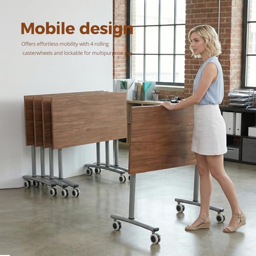 OOFAYBILL Folding Conference Table with Wheels & Flip Top - Modular Mobile Meeting Table for Office, Training Seminar, Space Saving Design, Easy Folding Classroom Table (1, Walnut, 47x16x30 in)